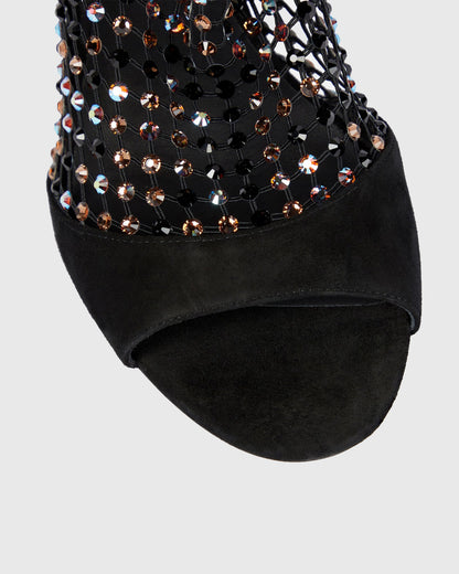 Cloe Rhinestone Embellished Fishnet Sandals In Black