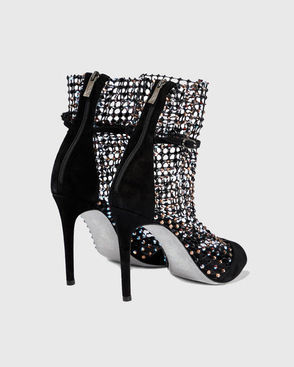 Cloe Rhinestone Embellished Fishnet Sandals In Black