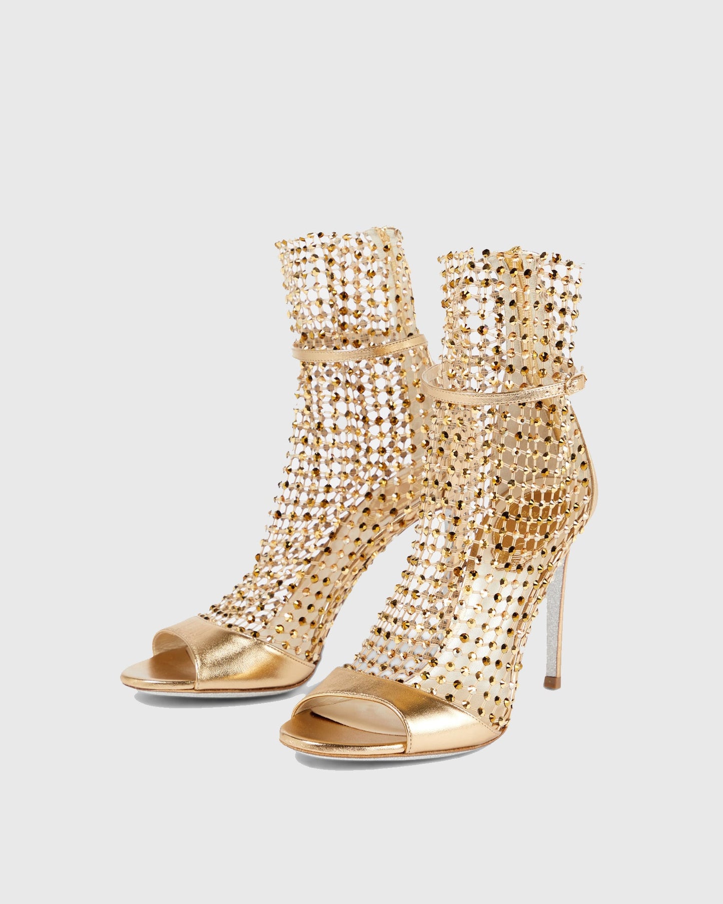 Cloe Rhinestone Embellished Fishnet Sandals In Gold