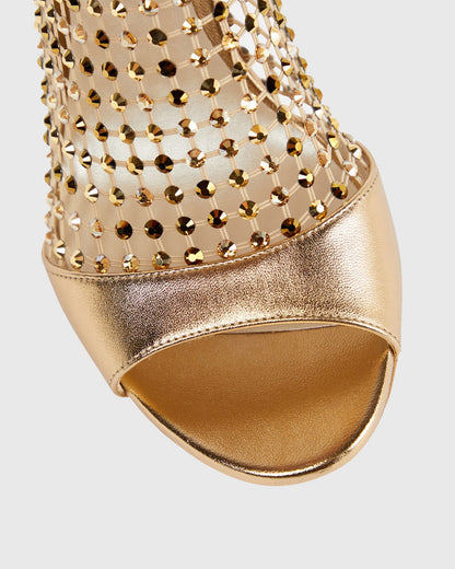 Cloe Rhinestone Embellished Fishnet Sandals In Gold