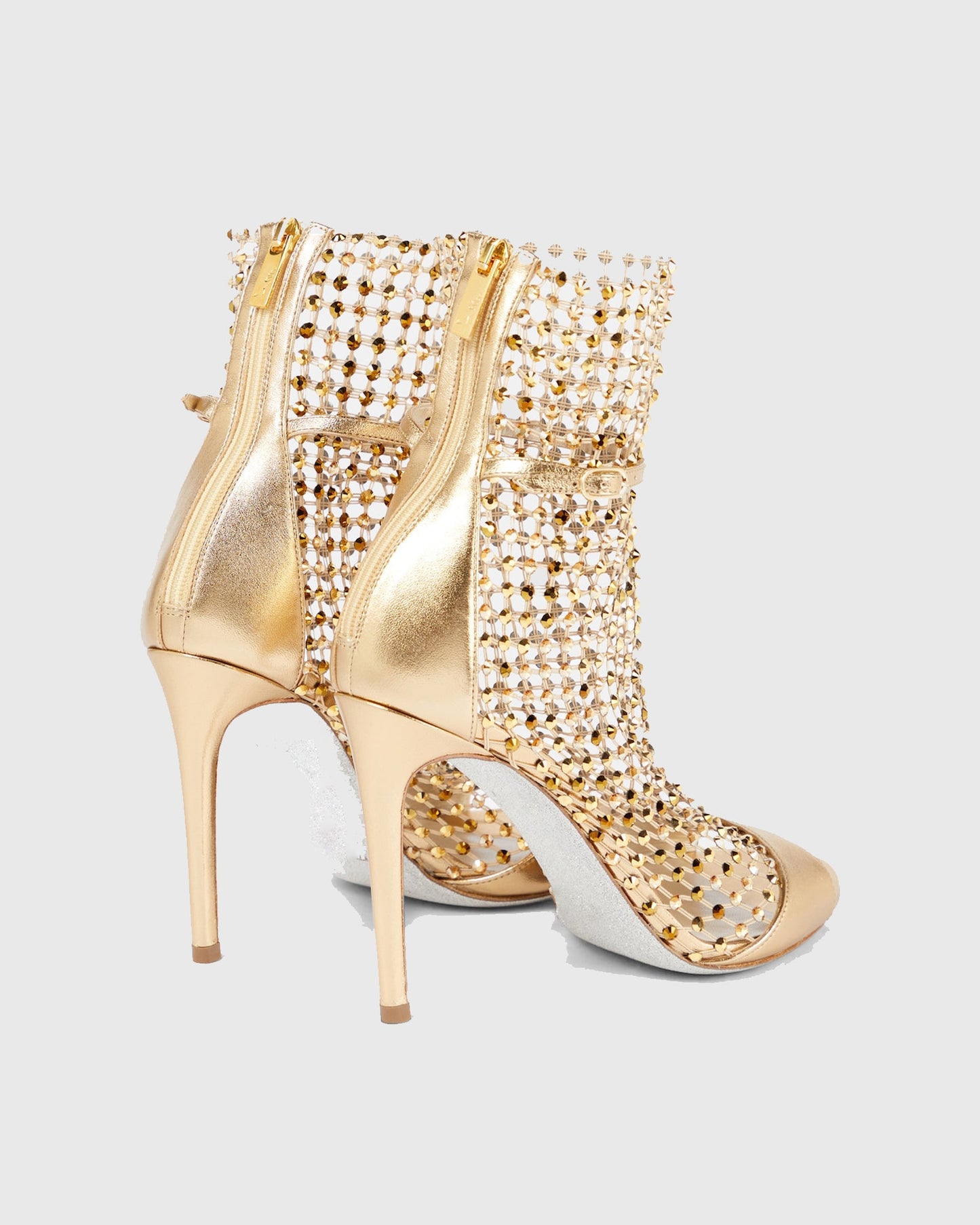 Cloe Rhinestone Embellished Fishnet Sandals In Gold