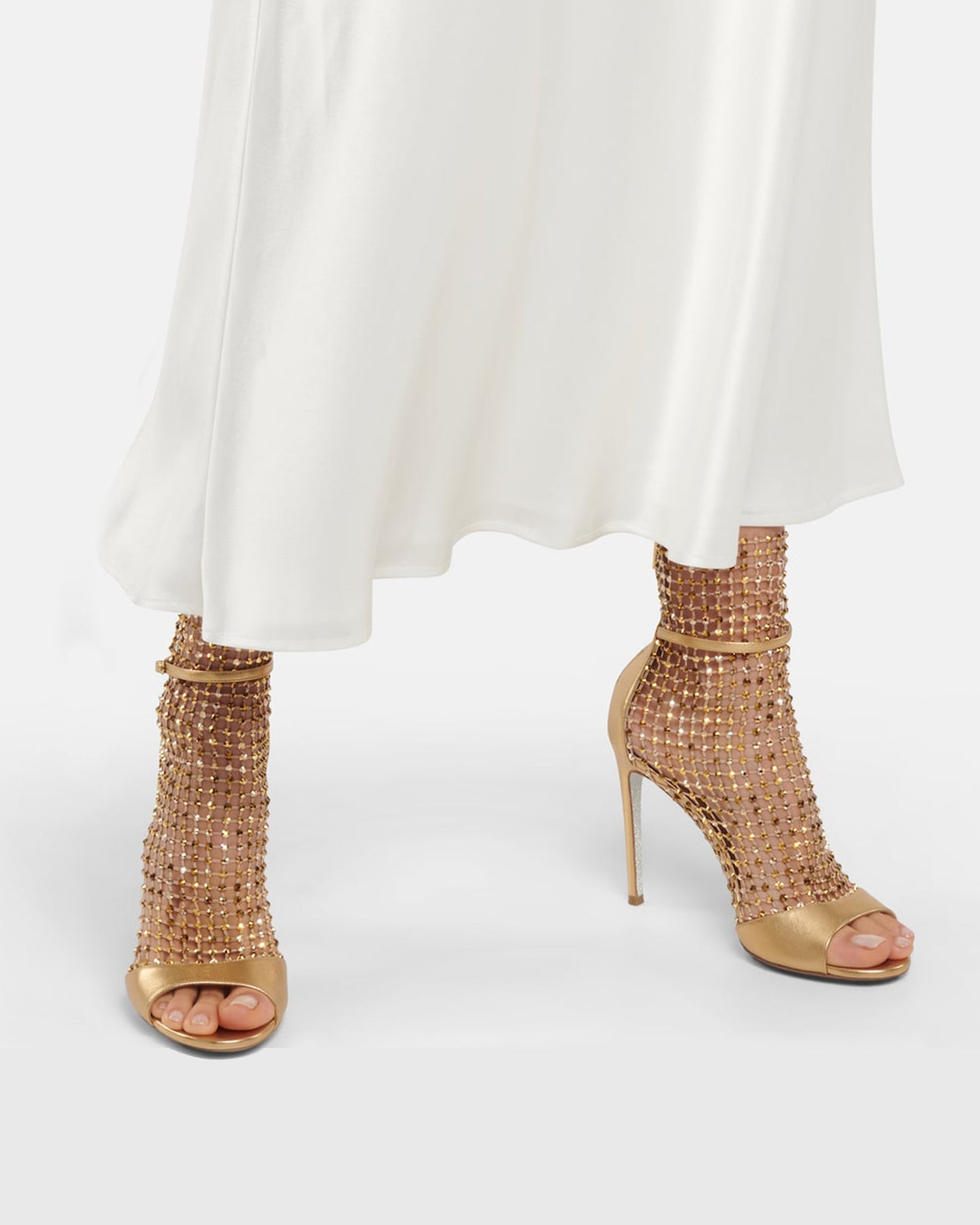 Cloe Rhinestone Embellished Fishnet Sandals In Gold