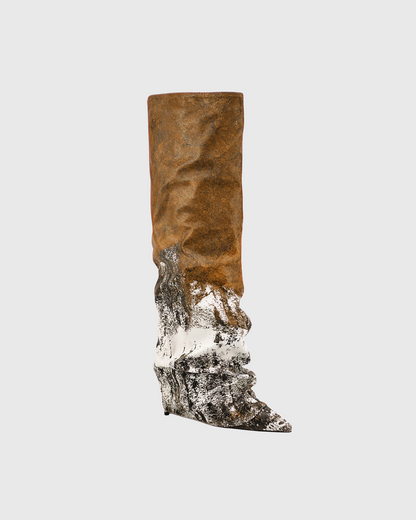 Corinna Print Splicing Knee High Boots In Brown