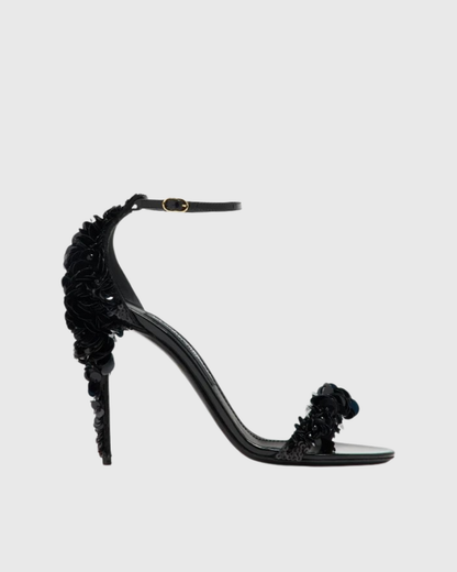 Cornelia Flower Sequin Strap Sandals In Black