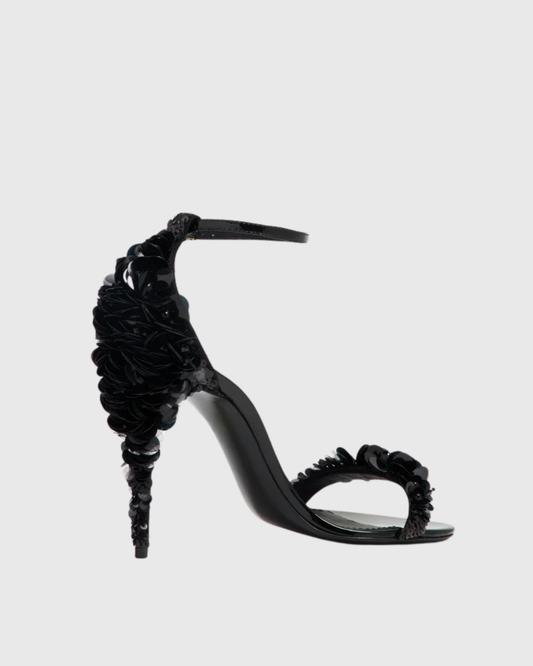 Cornelia Flower Sequin Strap Sandals In Black