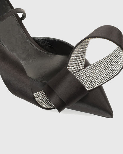 Crocifissa Bow Satin Mules In Black