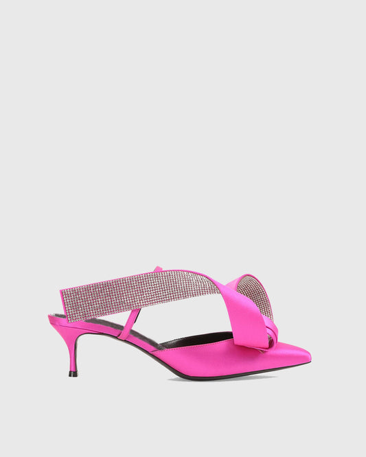 Crocifissa Bow Satin Mules In Hot Pink