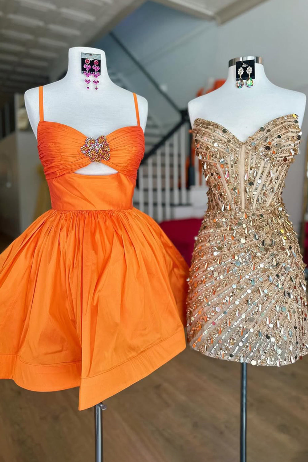 Cute A-Line Spaghetti Straps Short Satin Homecoming Dress with Beading