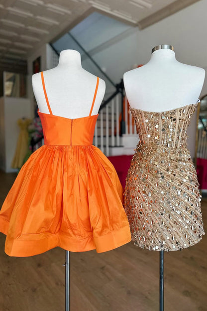 Cute A-Line Spaghetti Straps Short Satin Homecoming Dress with Beading