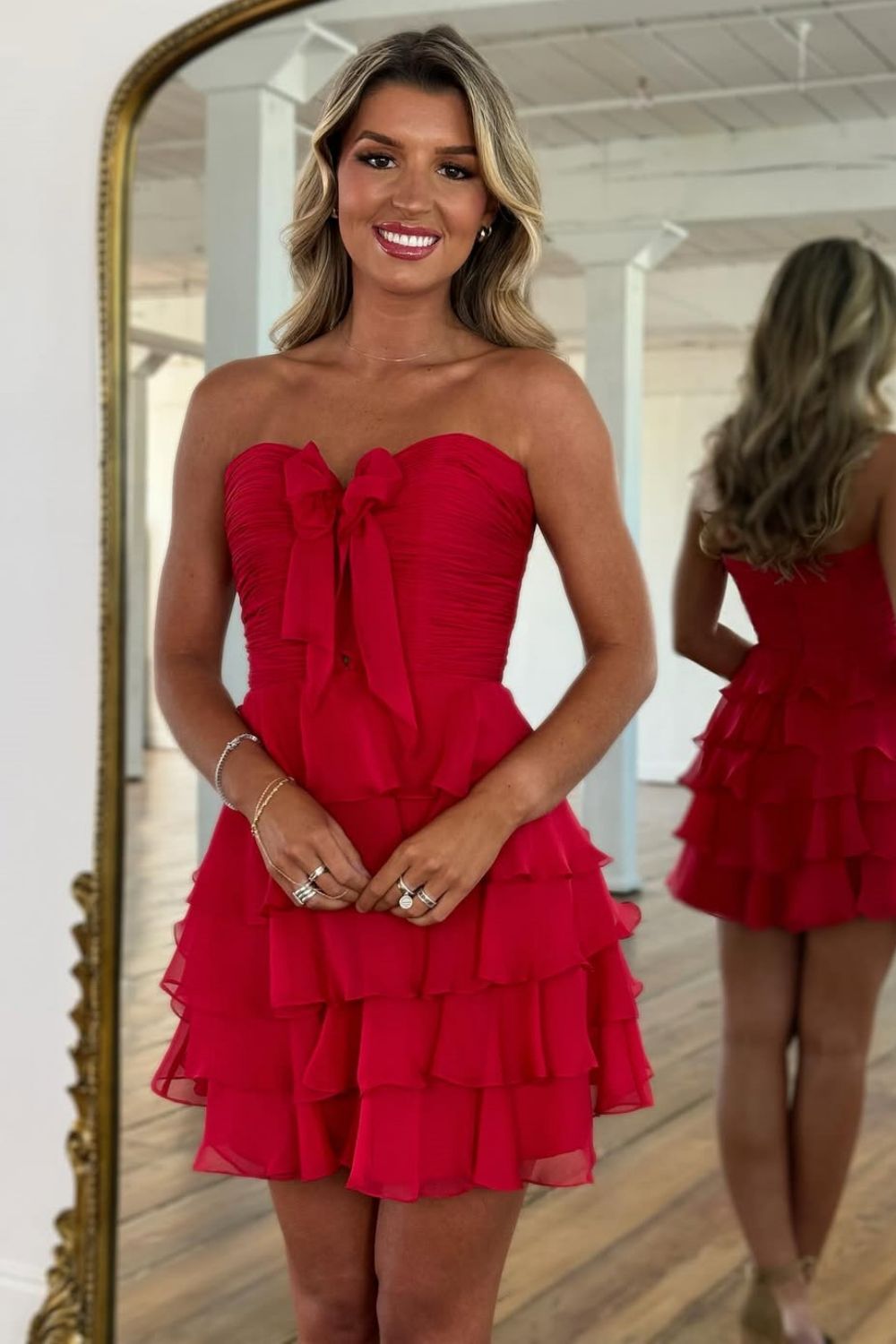 Cute A-Line Sweetheart Short Tiered Chiffon Homecoming Dress with Bowknot