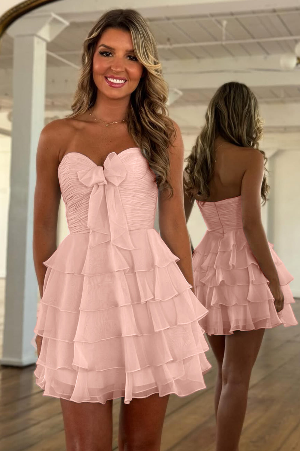 Cute A-Line Sweetheart Short Tiered Chiffon Homecoming Dress with Bowknot