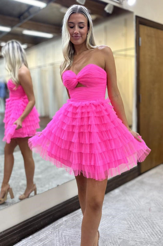Charming Pink Sweetheart A-Line Tulle Short Dress with Lace Up Back Homecoming Dress