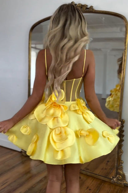 Cute Yellow A-Line Look with Floral Satin and Spaghetti Straps Homecoming Dress