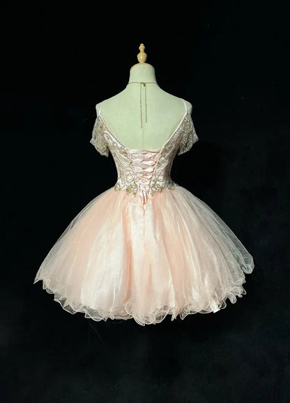 Vintage Pink Beaded Embroidery A-Line Homecoming Dress Spaghetti Strap Party Dress Short Chiffon Cocktail Dress TP4608