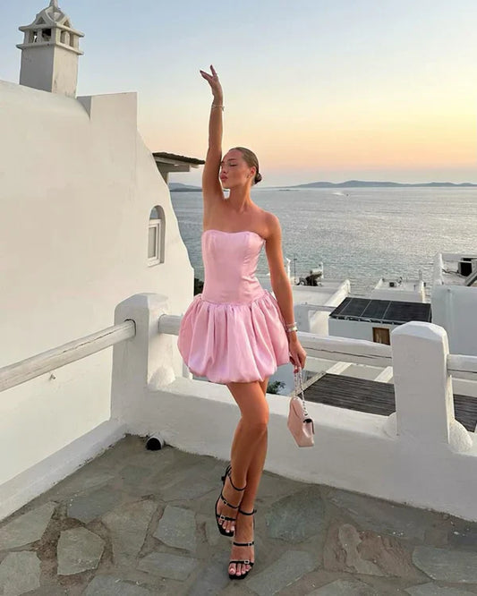 Cute Pink Strapless A-Line Satin Short Party Dress Cocktail Dress Homecoming Dress TP4463