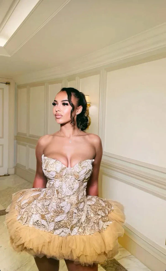 Vintage Golden Sweetheart Homecoming Dress A-Line Party Dress Applique Short Cocktail Dress TP4616