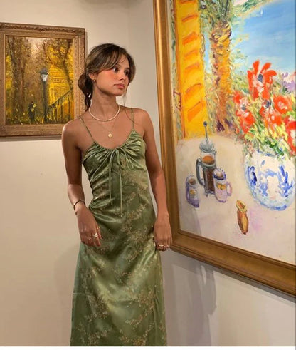 Vintag Green Satin Spaghetti Strap Prom Dress Party Dress Evening Dress TP4549