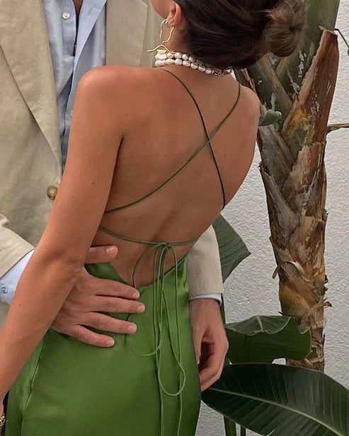 Elegant Green Backless Long Prom Dress Stylish Party Dresses