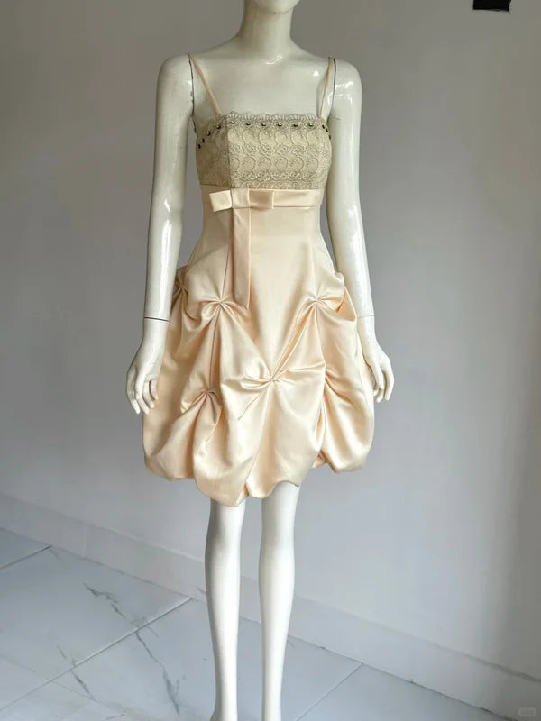 Vintage Champagne A-Line Spaghetti Strap Homecoming Dress Satin Beaded Party Dress Short Cocktail Dress TP4611