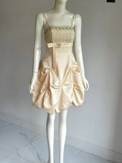 Vintage Champagne A-Line Spaghetti Strap Homecoming Dress Satin Beaded Party Dress Short Cocktail Dress TP4611