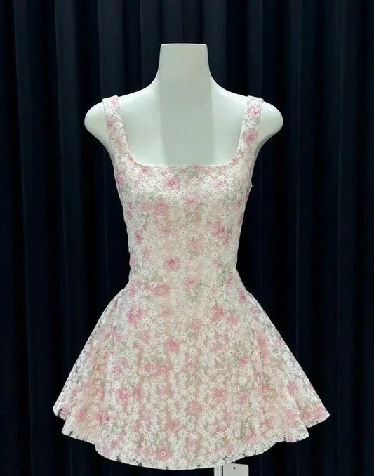 Vintage Floral A-Line Homecoming Dress Square-neck Party Dress Short Cocktail Dress TP4612