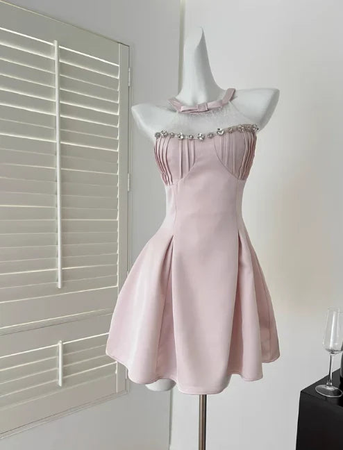 Vintage Pink Beaded Homecoming Dress A-Line Satin Party Dress Short Cocktail Dress TP4613