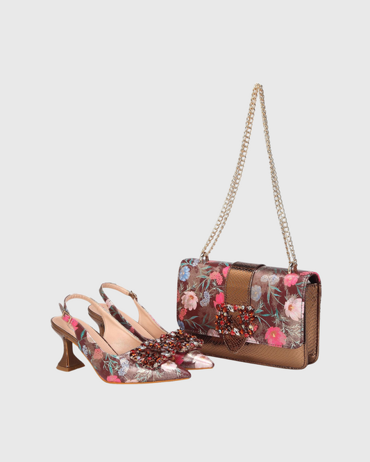 Dado Rhinestone Slingback Flared Heels & Bag Set In Brown