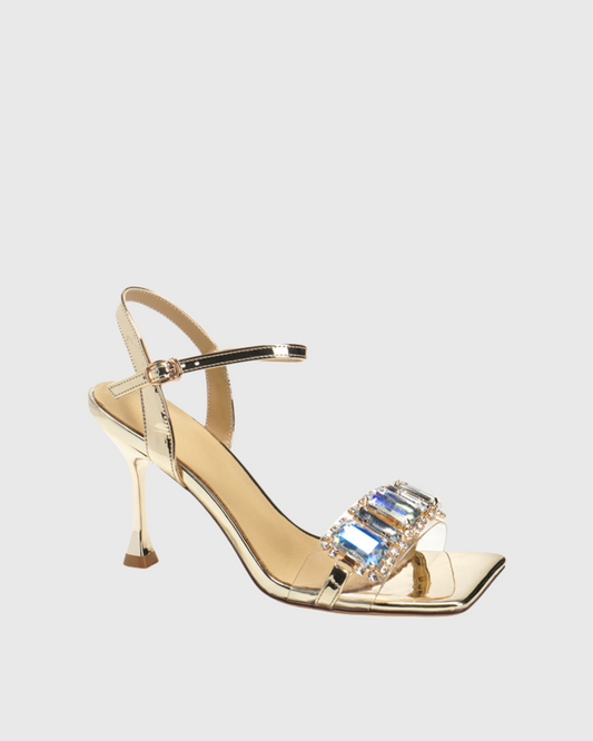 Dagny Crystal Metallic Strap Sandals In Gold