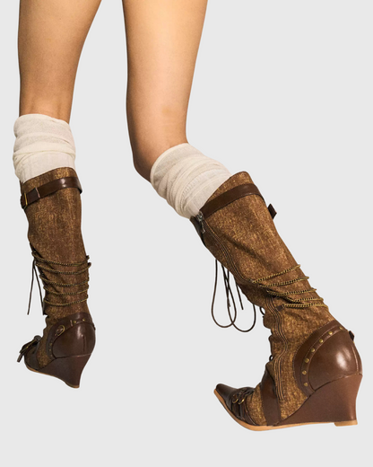 Daiki Wedge Buckle Lace Up Riding Boots