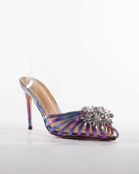 Dallas Crystal Flower Cage Sandals In Purple