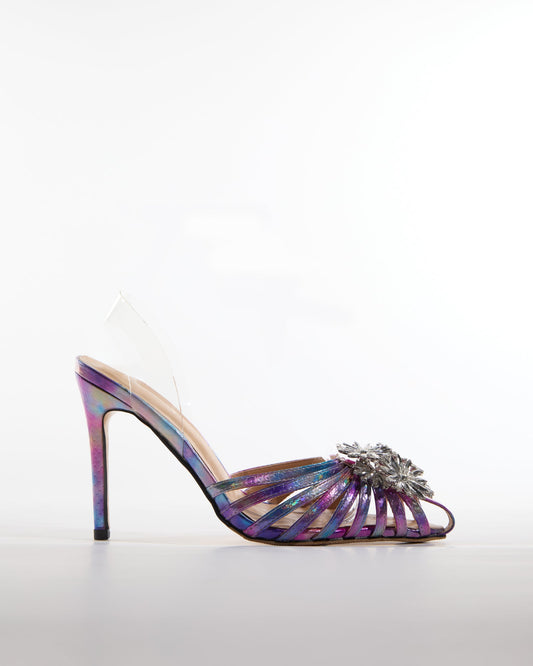 Dallas Crystal Flower Cage Sandals In Purple