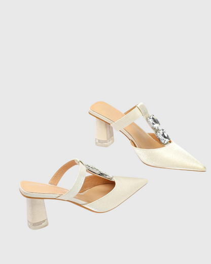 Dario Rhinestone Satin Mules In Ivory