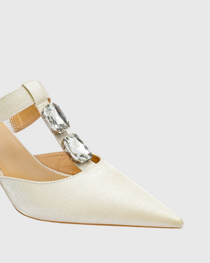 Dario Rhinestone Satin Mules In Ivory