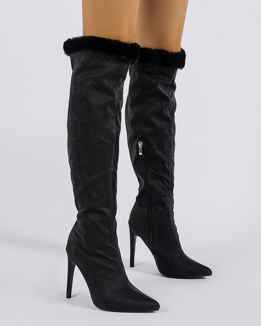 Darla Velvet Knee High Boots In Black