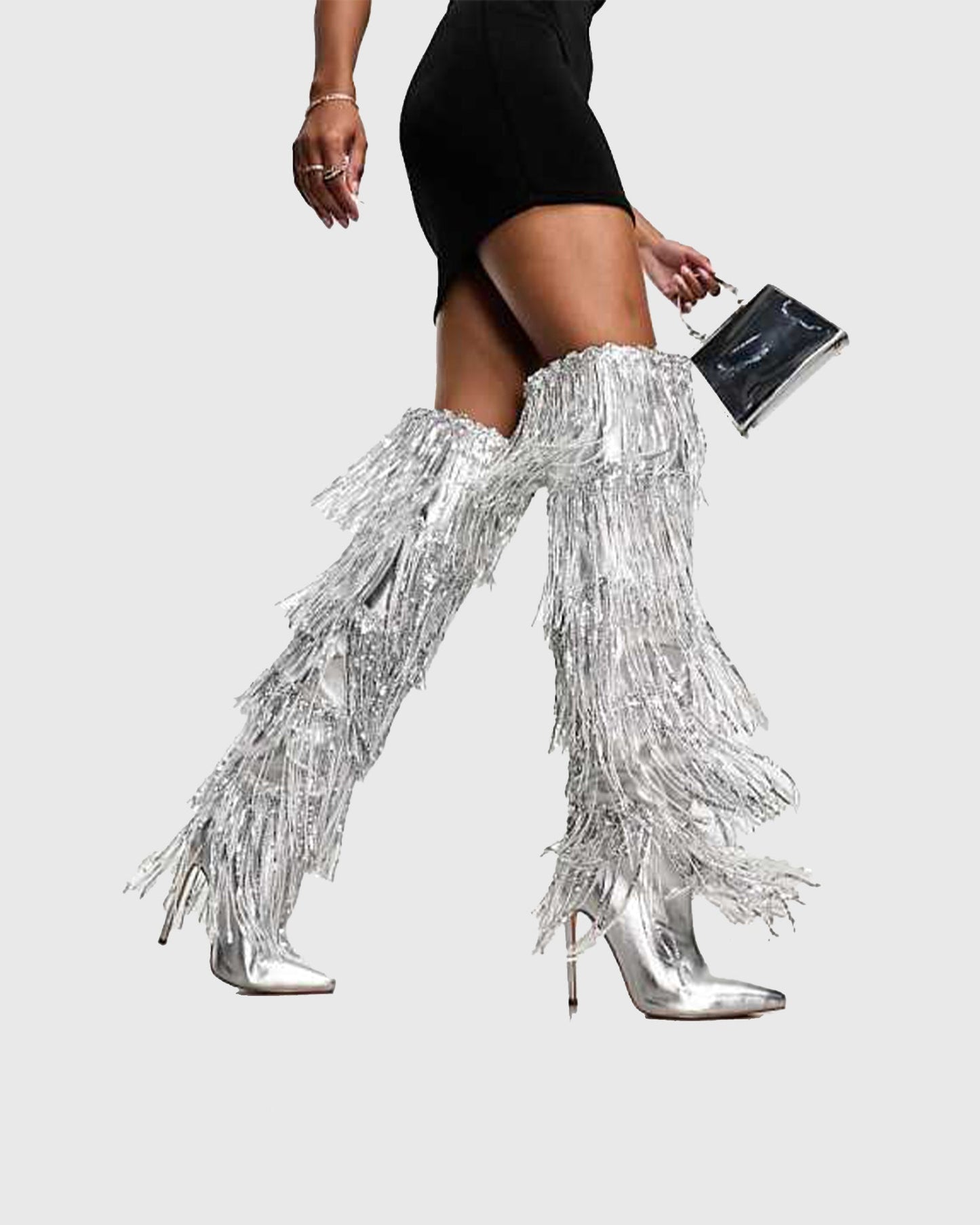 Debora Sequin Fringe Knee High Boots
