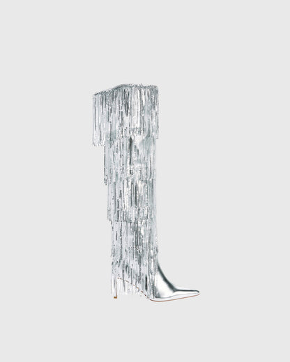 Debora Sequin Fringe Knee High Boots