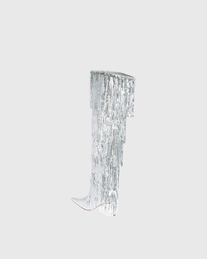 Debora Sequin Fringe Knee High Boots