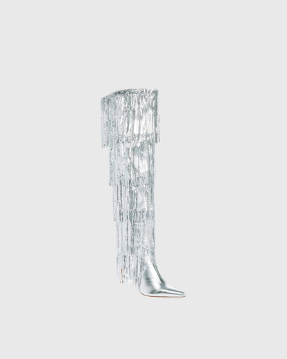 Debora Sequin Fringe Knee High Boots