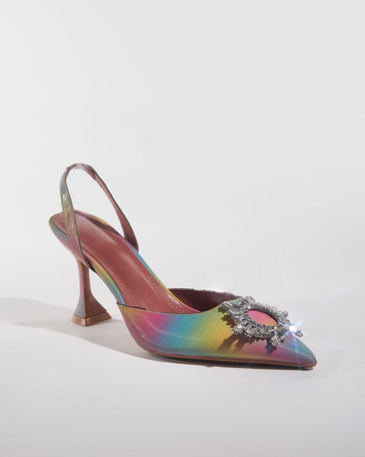Desideria Rhinestone Slingback Flared Heels In Rainbow
