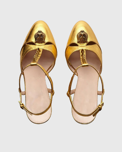 Dionisia Rivet Embellished Strap Platform Heels In Gold