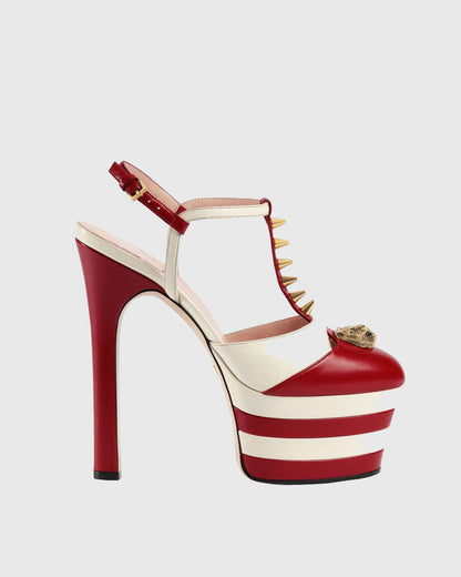 Dionisia Vintage Stripe Rivet Strap Platform Heels In Red