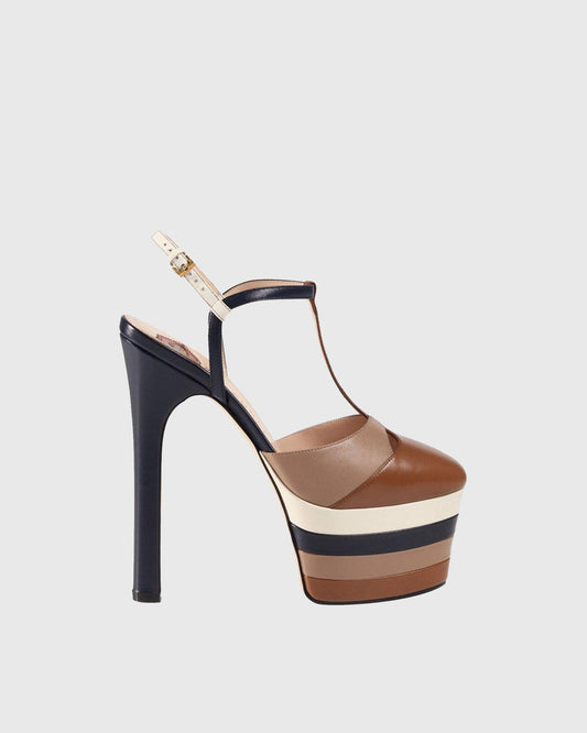 Dionisia Stripe Strap Platform Heels In Brown
