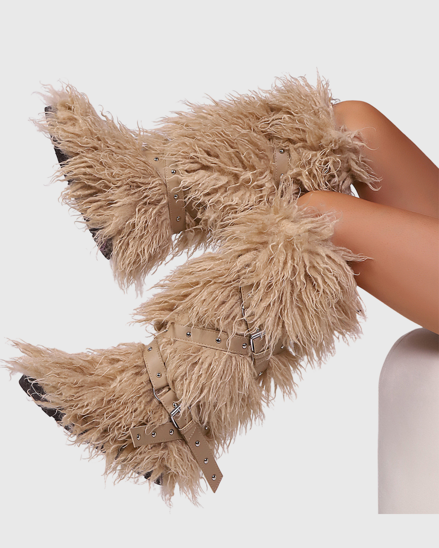 Dora Faux Fur Buckle Strap Knee High Boots In Khaki