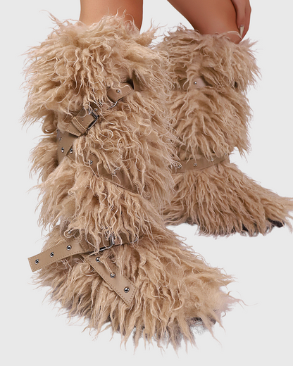 Dora Faux Fur Buckle Strap Knee High Boots In Khaki