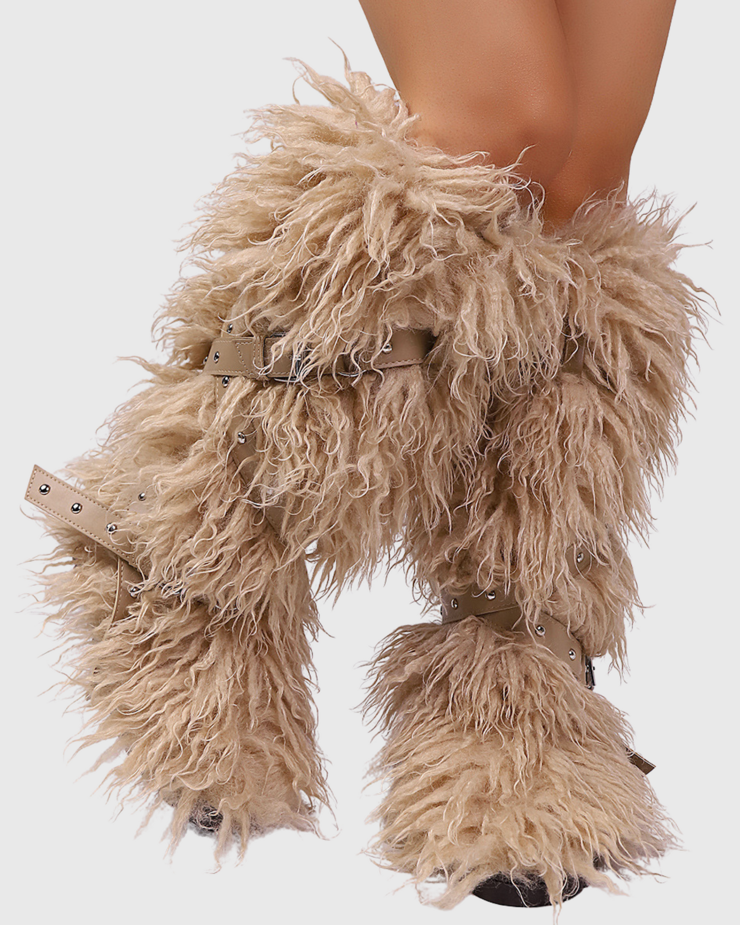 Dora Faux Fur Buckle Strap Knee High Boots In Khaki