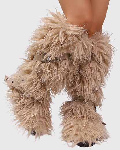 Dora Faux Fur Buckle Strap Knee High Boots In Khaki