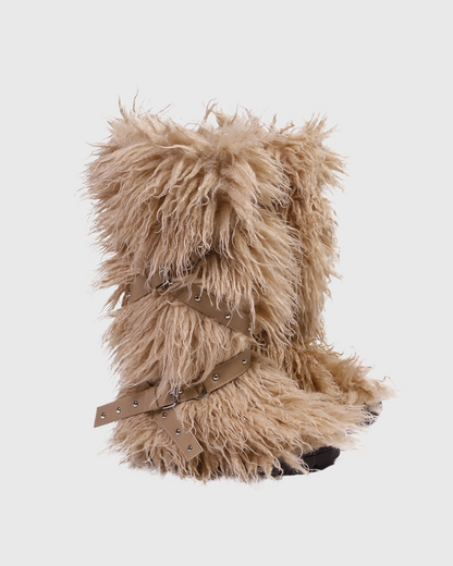 Dora Faux Fur Buckle Strap Knee High Boots In Khaki