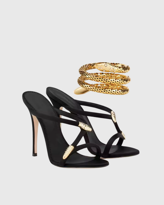 Dora Rhinestone Snake Sandals In Black