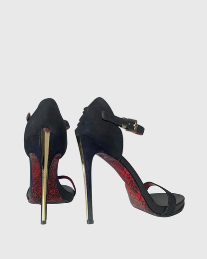 Eadgar Gold Sword Heel Velvet Sandals In Black