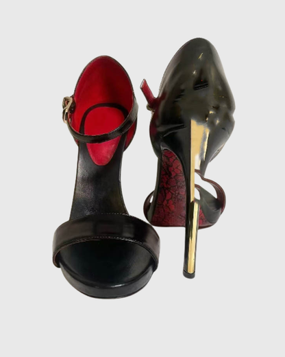 Eadgar Gold Sword Heel Velvet Sandals In Black